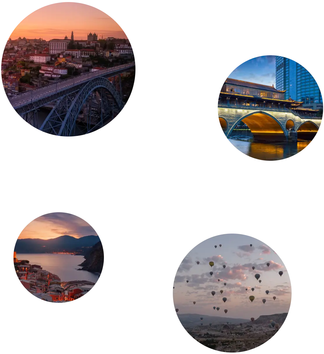 A collage of four circular images featuring diverse buildings and landmarks from various locations around the world.