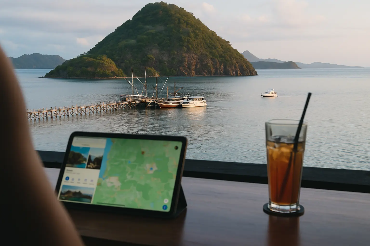 Person working on a laptop at a table, with a boat in the background.